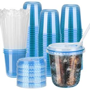 lot 6124 image: MOQRUAO 100 Sets 12oz Disposable Stemless Plastic Cups with Strawless Sip Lids, Clear PET Coffee Cups for Iced Coffee, Cold Drinks, Halloween, Christmas, Party and Drink Shop Supplies (Blue(12oz))