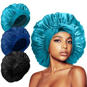 lot 6137 image: 3Pcs Silk Bonnet for Sleeping Women, Satin Hair Bonnets for Curly Hair, Jumbo Bonnet with Tie Band Braids