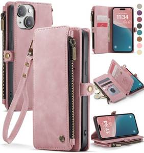 lot 6158 image: Defencase Compatible with iPhone 15 Case Wallet with RFID Blocking Card Holder for Women and Men, Fashion PU Leather Magnetic Snap Flip Zipper Strap Wallet Phone Case Fit for iPhone 15 6.1, Rose Pink