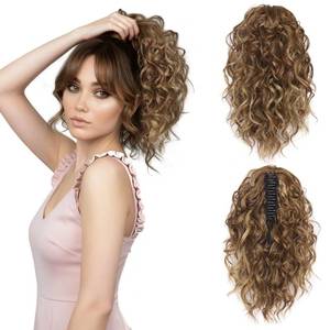 lot 6199 image: 12 Inch Curly Ponytail Extension - Clip in Ponytail Hair Extensions, Natural Claw Clip Ponytail Extension, Synthetic Clip on Ponytails for Women (Color Light Brown with Blonde Highlights)