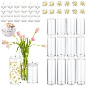 lot 6221 image: PNJHDZ Set of 12 Glass Cylinder Vases for Centerpieces with 8 Pack Vase filler 12 Pearl String 24 White Floating Candles for Centerpieces, Table Center pieces for Wedding Party Home Decor 5, 6, 8 Inch
