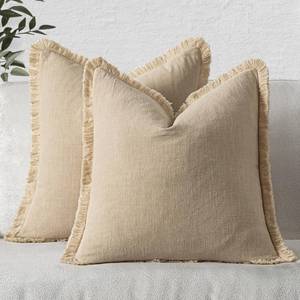 lot 6255 image: MIULEE Decorative Throw Pillow Covers Neutral Linen Fringe Throw Pillows Set of 2 Beige Boho Farmhouse Cushion Covers with Tassels for Couch Sofa Bed Living Room Spring Home Decor 20x20 Inch