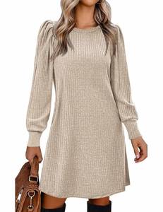 lot 6274 image: Zeagoo Tunic Dresses for Women 2025 Knit Sweater Dress Puff Long Sleeve Fall Dress Soft Warm Dress Casual, Khaki M