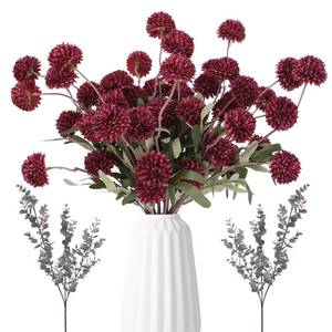 lot 6285 image: Burgundy Pompon Mum Artificial Flowers with Eucalyptus 10 Bundles Fake Silk Flowers for Vase , 21 Long Stems for Christmas Table Centerpieces, Winter Floral Arrangements &amp Rustic Home Decor