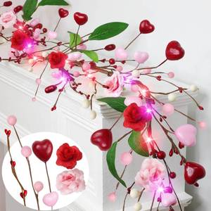 lot 6286 image: 6 Ft Valentines Garland Valentines Day Decorations, Valentines Day Garland with Timer 20 Red & Pink Lights Roses Red Pink White Berried Green Leafed Lighted Valentine Garlands for Home Table Wedding