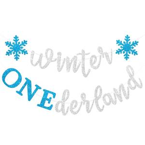 lot 6309 image: Gybeizhu Silver and Blue Glitter Winter Onederland 1st Birthday Banner, Blue Snowflakes Winter Onederland Party Decorations for First Birthday Boy, No DIY.