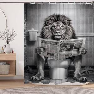 lot 6334 image: LKFBSC Funny Lion Shower Curtain, Funcy Humor Leo Animal on Toilet Shower Curtains Set, Black and White Shower Curtains, Large Cat Bathroom Curtain with Hooks 60x72 inch