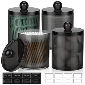 lot 6339 image: 4 Pack Acrylic Qtip Holder Dispenser for Cotton Swabs, Balls, Pads, Floss Picks- Clear Plastic Canister Apothecary Jar Set, Bathroom Essentials Accessories Decor Vanity Makeup Storage Organizer -Black
