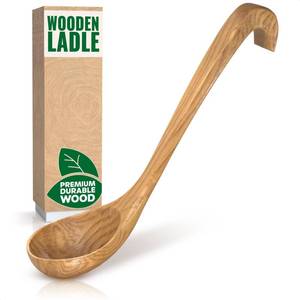 lot 6355 image: Wooden Ladle for Soup 10.8x2.8 Deep Wood Ladle with 2.7 fl oz Capacity, Long Handle Hook-End &amp Lacquer Coating for Comfortable Grip Easy-Clean Wooden Soup Spoon for Sauces, Stews &amp Kitchen Use
