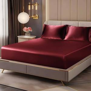 lot 6356 image: BEDELITE Satin Fitted Sheet and Pillowcases Set, Luxury Soft Similar to Silk Bottom Bedsheet with Elastic Corner Straps, Deep Pocket up to 15 Inch, 1 Fitted Sheet and 2 Pillowcases(Queen, Burgundy)