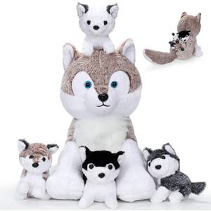 lot 6359 image: Miguelina 5PCS Wolf Plush Toys - 13.4 Inch Wolf Mom with Little Mini Babies Stuffed Animal Plush Huggable Cuddly Fluffly Wolf Plushie Family Set Easter Gifts