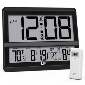 lot 6369 image: LFF Atomic Clock Large Display, Digital Wall Clock with Indoor Outdoor Temperature and Date, Wireless Outdoor Sensor, Digital Desk Alarm Clock Battery Operated for Bedroom, Easy to Read, Black