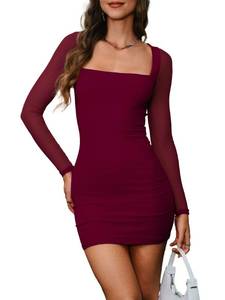 lot 6394 image: HYPERFIRE Womens Mesh Long Sleeve Square Neck Tie Back Mini Dress Cocktail Party Club Dresses Going Out Burgundy Small