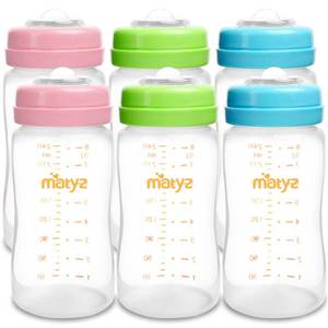 lot 6404 image: Matyz 6-PACK Breast Milk Storage Bottles (8 Ounce, 3 Colors) - Wide Neck Breastmilk Collection and Storage Bottle - Formula Storage Bottles Compatible With Medela Avent Spectra Pumps