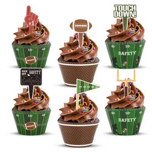 lot 6451 image: Hooqict 48 Pack Football Cupcake Toppers and Wrappers Football Cupcake Decorations Game Day Party Supplies Cupcake Picks for Sports Theme Birthday Party Decorations