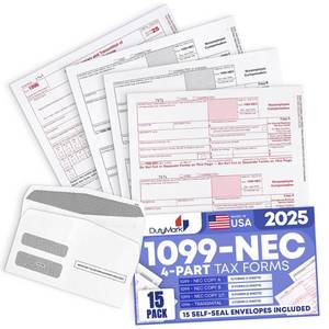 lot 6455 image: 1099 NEC Tax Forms 2025 with Envelopes, 4 Part 15 Pack Tax Forms Kit and 15 Self-Seal Envelopes Great for QuickBooks and Accounting Software, Value Pack for Business - Made in The USA - 15-Pack