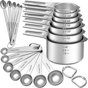 lot 6473 image: EWFEN Measuring Cups and Spoons Set, 7 Stainless Steel Nesting Measuring Cups & 7 Spoons, 5 Mini Measuring Spoons & 2 Detachable Rings, Kitchen Gadgets for Cooking & Baking, Round