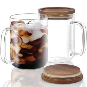 lot 6519 image: DRASTAR Glass Coffee Mugs, 20 oz Clear Coffee Cups, Coffee Mug with Acacia Wood Lid, Tea Glass Cups with Handles, Large Coffee Mug Set of 2, Glass Coffee Cups for Latte, Espresso, Tea