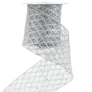 lot 6533 image: HUIHUANG Silver Glitter Ribbon for Christmas Tree 4 inch Wide Diamond Mesh Wired Christmas Ribbon for Tree Decorations, Gift Wrapping, Bows, Wreath Supplies, Garlands- Continuous 10 Yards