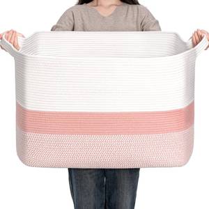 lot 6559 image: CLHMILY&Z Stylish Square Cotton Rope Storage Basket (Pink & White, 110L)