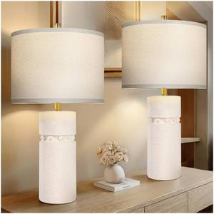 lot 6560 image: KIVDITZO 24 Ivory Modern Ceramic Bedside Table Lamps Set of 2, Boho Tables Lamps for Living Room with 3-Way Dimmable Bulb, Rustic Nightstand Lamp with Linen Shade for Bedroom Office (Bulbs Included) MISSING ONE SHADE ROLL