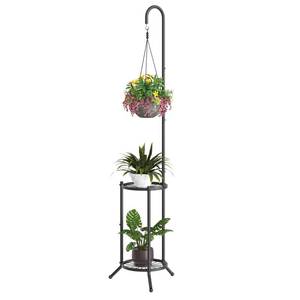 lot 6566 image: Plant Stand with Hooks Indoor Outdoor Corner Tall Plant Stand Heavy-Duty Metal 3-Tier Plant Shelf Holder Rack for Patio Garden Balcony Living Room Bedroom(semicircular Black)