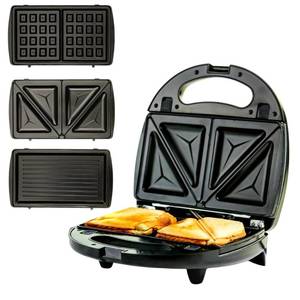 lot 6574 image: OVENTE 3 in 1 Electric Sandwich Maker, Panini Press Grill and Waffle Iron Set with Removable Non-Stick Plates, Perfect for Cooking Grilled Cheese, Tuna Melts, Burgers, Steaks and Snacks, Black GPI302B