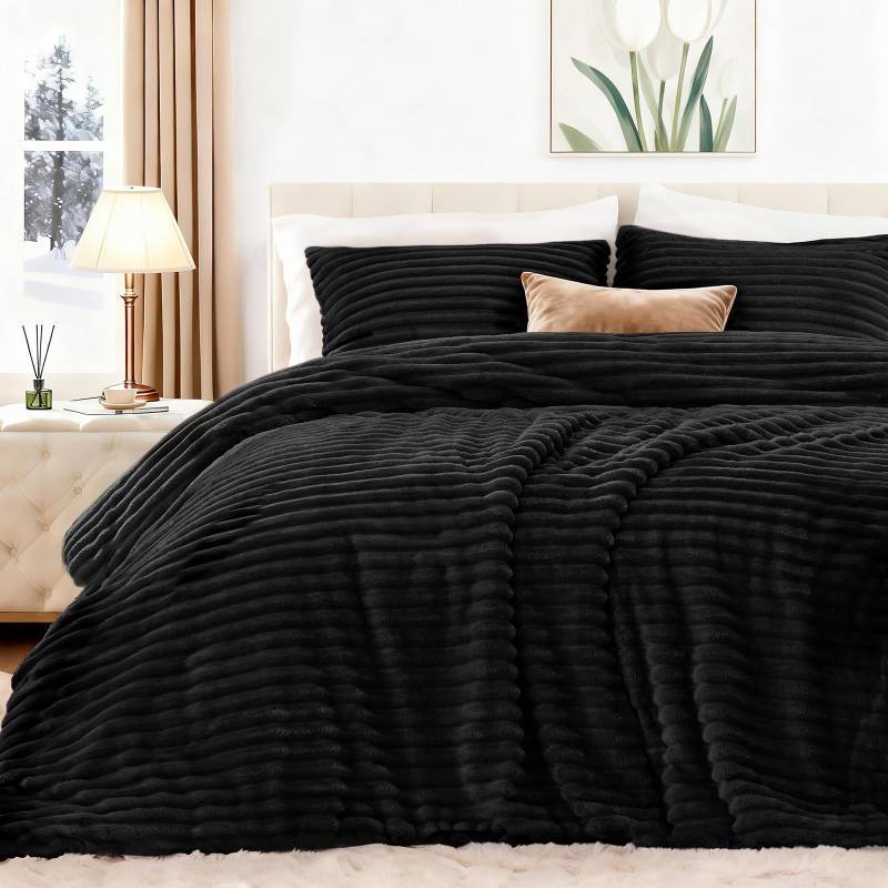 lot 9131 image: EXQ Home Fluffy Comforter Set Queen Size - Super Soft Faux Fur Stripe Jacquard Comforter 3 Pieces, Black Fleece Bedding Set,Winter Warm Bed Set,1 Comforter with 2 Pillowcases