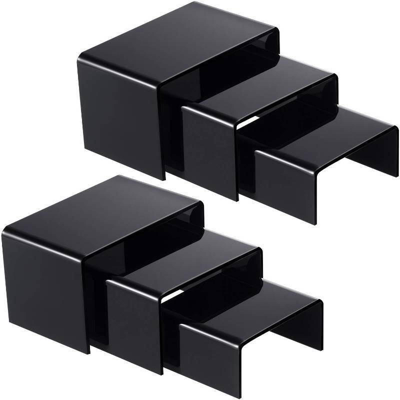 lot 9246 image: Chuangdi 2 Sets Acrylic Display Risers, Product Stand, Jewelry Display Riser Shelf Showcase Fixtures for Dessert Cupcake Candy Figure Treat Action Showcase(Black,Small Set)