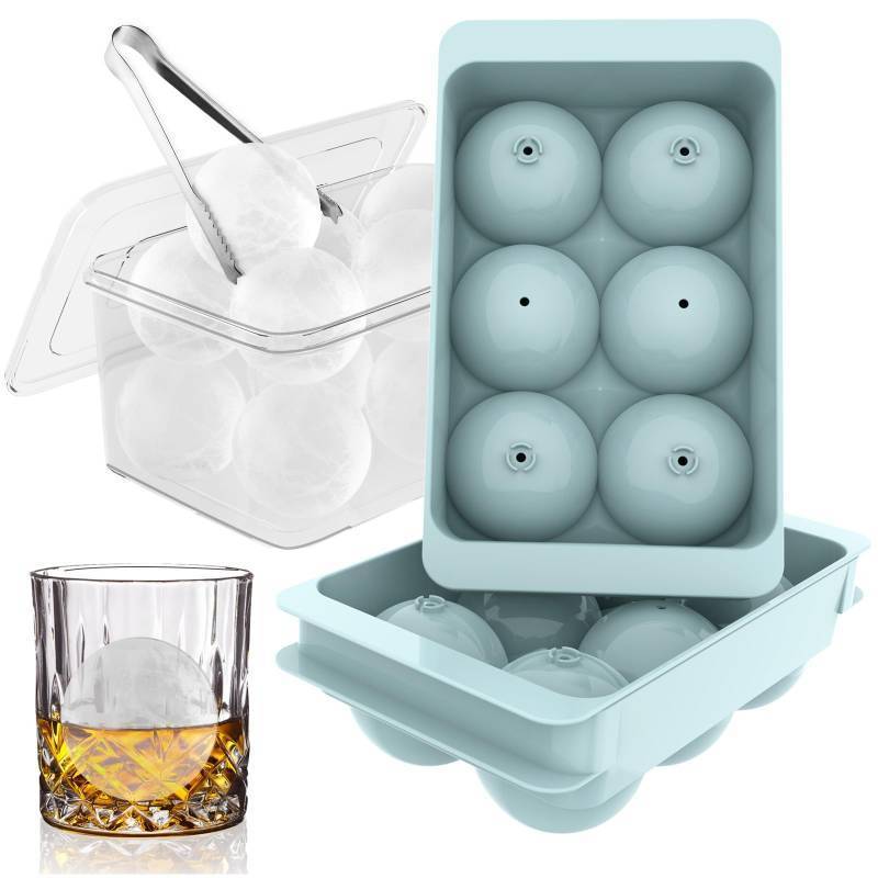lot 9607 image: WIBIMEN Large Ice Cube Molds, Big Round Whiskey Ice Cube Trays for Freezer, Easy to Fill & Release, Whiskey Bourbon Cocktail(1.9In6 Balls- Blue2 Pack)