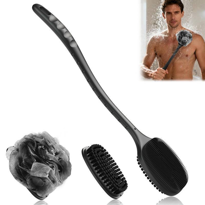 lot 1229 image: Back Scrubber for Shower, New Update Double Sided Body Scrub Brush Long Handle with Soft Silicone Bristles and Stiff Nylon Bristles for Shower Exfoliating and Massage Can Produce More Rich Foam