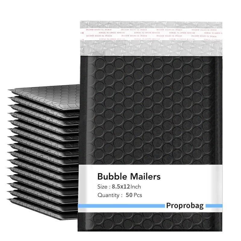 lot 1368 image: Proprobag 8.5 x 11 Bubble Mailers 50 Pack - Outer Size 9x12 Heavy Duty Black Padded mailer with Self Seal, Waterproof Shipping Envelopes, Bubble Wrap Protection for Ecommerce, Non See Through