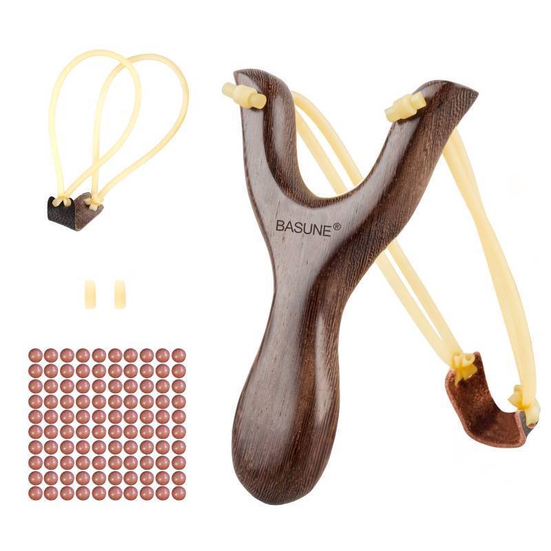 lot 1535 image: BASUNE Slingshot Wood Hunting Slingshot with 1Pcs Replacement Band and Approx 100 Clay-Iron Balls Sling Shot for Adults Hunting