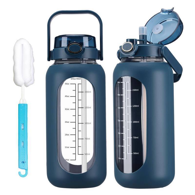 lot 2082 image: chunmo 42oz Glass Water Bolttles with Straw Half Gallon Large Motivational Water Bottle with Time Marker Sports Water Bottles with Silicone Sleeve and Handle Lid Water Jug for Gym Workout
