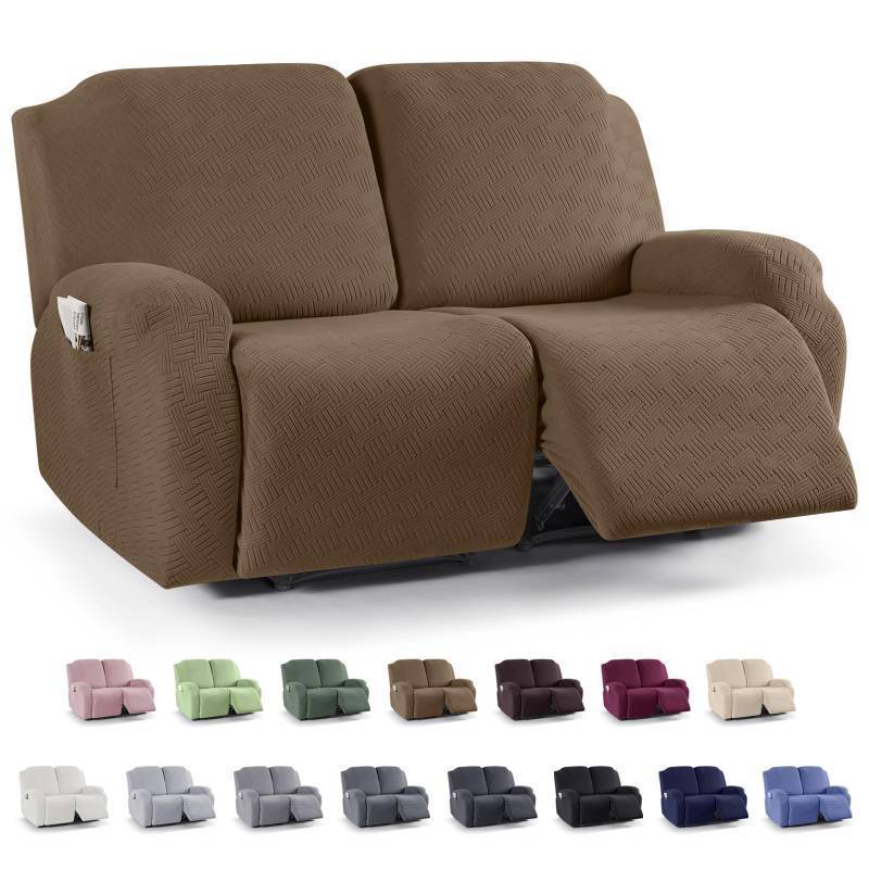 lot 2222 image: KinCam Recliner Covers, Stretch Reclining Chair Covers, Recliner Sofa Slipcovers Stripe Jacquard Recliner Couch Covers Furniture Protector Covers for Pet Kid (2XL Seater, Brown)