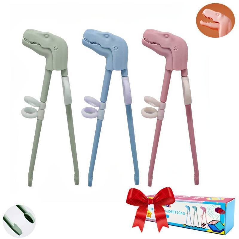 lot 2739 image: Training Chopsticks for Kids, Jawbush 3 Pairs Reusable Kids Chopsticks, Cute with Dinosaur Head, Non-slippery Indented Tips and Adjustable Finger Loops, Easy to Use and Clean, Dishwasher Safe