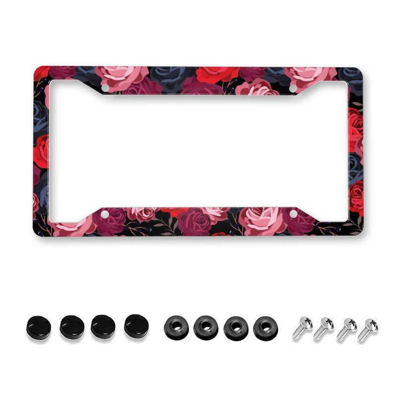 lot 2847 image: HUIXIA Red Rose License Plate Frame, Flower License Plate Frames for Women Men, Funny Floral Aluminum Vintage Front License Plate Holder Cover Car Tag Decor with 4 Holes (SYC-49)