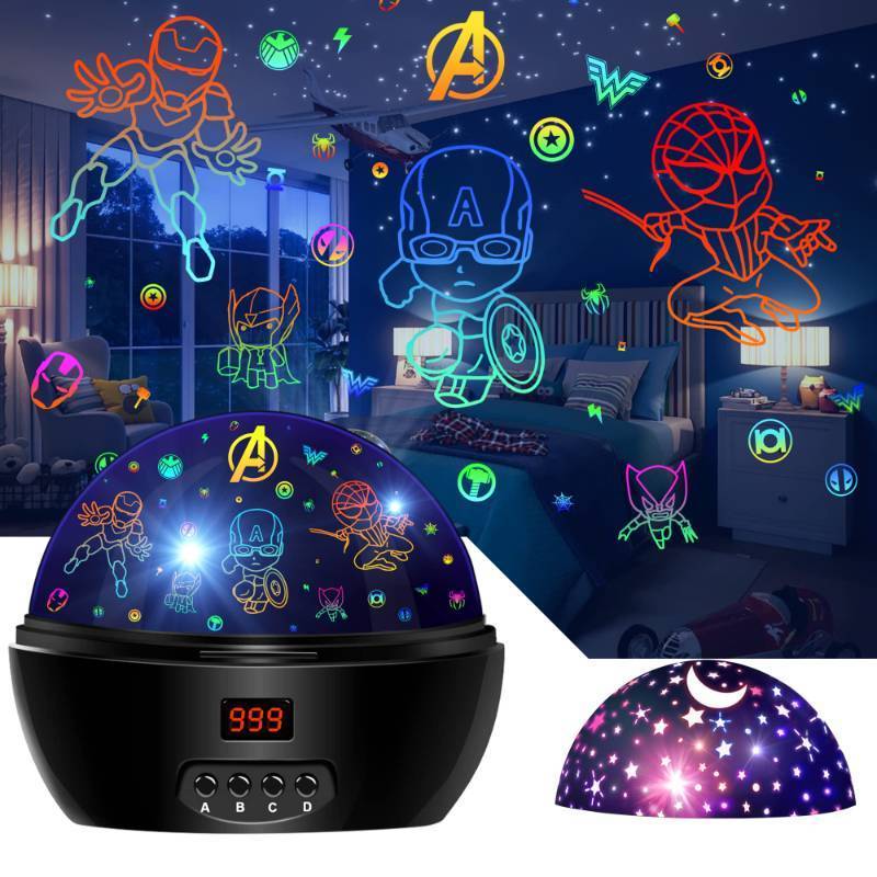 lot 3207 image: MOKOQI Kid Light Projector Superhero Toys for Boys 5-7 Avengers Night Light Projector with Timer for Kids Room, 360 Degree Rotation Toddler Nightlights with Spiderman Figurine Star Lamps CRACKED LID