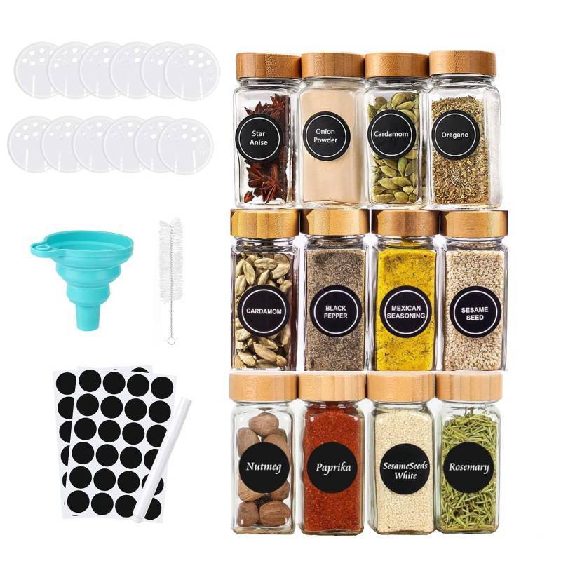 lot 3315 image: Gttyowyin Glass Spice Jars with Label - Square Spice Containers 4 oz - Includes Cleaning Brush & Label pen - Seasoning Jars - 12Pcs