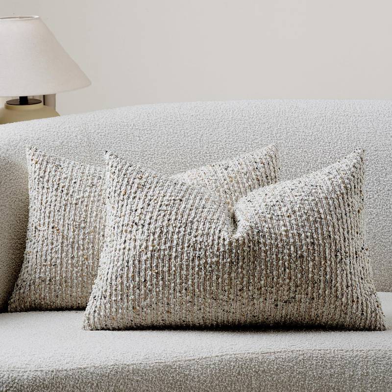 lot 3459 image: DEZENE Striped Throw Pillow Covers 12x20 Set of 2 Cream Grey Textured Boucle Chic Morden Boho Accent Farmhouse Rectangular Lumbar Decorative Couch Pillow Covers for Home Decor Bed Sofa Living Room