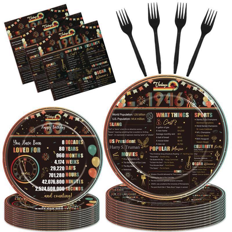 lot 3601 image: Hokinaa Vintage 80th Birthday Decorations - 96 Pcs Retro Sunset Party Paper Plates and Napkins Forks Tableware Disposable Happy Cheers to 80 Year Old 1946 Decor Supplies for Men Women Serves 24 Guests