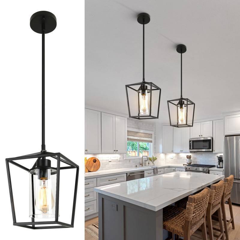 lot 3862 image: GZJunYo 2 Pack 1-Light Black Pendant Lights for Kitchen Island, Farmhouse Metal Pendant Light Iron Cage Hanging Light Fixtures with Clear Glass Shade for Dining Room, Entryway, Hallway, Foyer