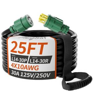 lot 6585 image: PlugSaf 25FT 30 Amp Generator Extension Cord 4 Prong, NEMA L14-30PL14-30R 10 Gauge STW 125250V Twist Lock Generator Cord Heavy Duty, Black ETL Listed