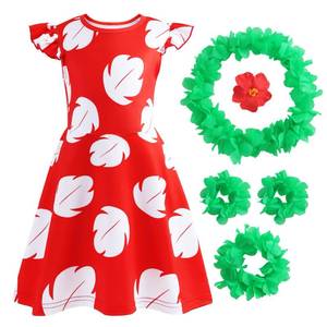 lot 6620 image: Obavioy Hawaiian Little Girls Costume Dress with 4 Pcs Luau Flower Leis Accessories Set Red Flower Hair Clips Toddler Halloween Party Cosplay Outfit for 9-10 Years