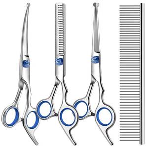 lot 6623 image: Professional 4 in 1 Dog & Cat Grooming Scissors Kit with Safety Round Tips,Sharp & Durable,Dog Shears for Grooming - Includes Straight, Curved, Thinning Scissors and Comb - Premium Pet Supplies