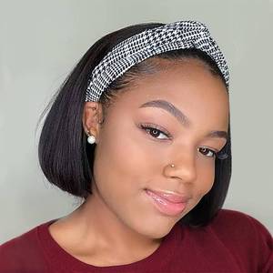 lot 6637 image: KPROYU Headband Wigs Human Hair Bob Headband Wigs for Black Women Easy Put On and Go Glueless Wigs Short Straight Wigs Machine Made 150% Density No Lace Wig 1b 8 Inch