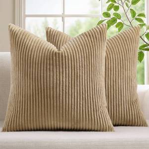 lot 6655 image: Mecatny Corduroy Decorative Throw Pillow Covers 18x18 Set of 2 for Sofa Living Room, Soft Neutral Boho Couch Pillow Covers for Home Decor, Khaki