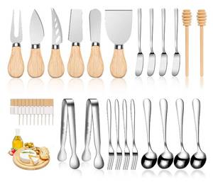 lot 6664 image: LifeMusican Charcuterie Board Accessories Wooden Cheese Spreader Knive Set, Wood Handle Butter knives For Cheese Kit, Mini Cheese Knife Slicer With Tongs, Spoons, Forks,Honey Dipper