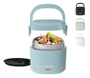 lot 6671 image: Nostalgia Portable 20-Ounce Electric Heated Lunch Box Travel Size 2.5 Cup Capacity for Soup, Chili, and Leftovers Leak Proof Silicone Sealed Lid, Foldable Carry Handle, Detachable Cord Chambray