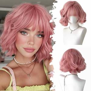 lot 6678 image: Lisook Pink Wigs for Women Short Bob Wig with Bangs 12 Inches Light Pink Wig Pastel Short Wavy Wig Curly Synthetic Wigs Cosplay Hair Replacement Wigs for Girl Daily Party Colorful Wigs Costume Use